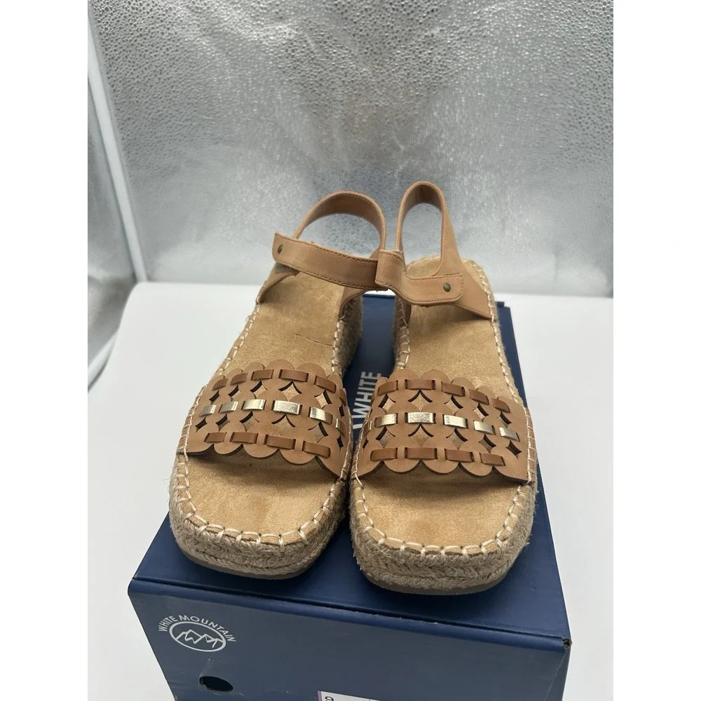 New White Mountain‎ Stride Espadrille Wedge Heel Ankle Strap Sandals Tan Size 9M